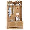 HOMASIS 4 in 1 Stand Appendiabiti con Panca per Scarpe, Armadio Aperto con 6 Robustetti Ganci, Mensole Aperte, Scarpiera a 2 Livelli, Guardaroba a Giorno per Ingresso, 101,5 x 40 x 180 cm