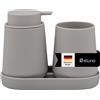 eluno TESERO - Set di accessori da bagno con superficie soft touch, 3 pezzi, composto da 1 dispenser di sapone, 1 tazza e 1 ciotola, ideale per bagno e cucina in plastica (tortora)