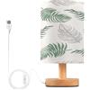 BOESI Lampada da tavolo verde salvia con palma, lampada da comodino con base in legno e cavo USB per camera da letto, soggiorno
