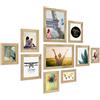 PHOTOLINI Set di 10 cornici legno rovere massiccio, cornici larghe, moderne, plexiglass infrangibile, da tavolo o da parete, accessori extra - per una parete dal look raffinato