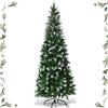 GYMAX Albero di Natale Slim 220 cm, 720 Rami Artificiali in PVC Ignifugo, Folto e Realistico, 39 Pigne Decorative, Supporto in Ferro, Divisibile in 3 Parti, Montaggio e Trasporto Facile