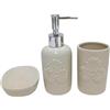 Generico Set 3 Pezzi Dispenser Sapone, Porta spazzolino E Porta Saponetta in Ceramica con Texture effetto Diamante Decorazione Fiori o Bolle Arredo Bagno WC Accessori da Bagno (Fiori)