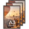 PHOTOLINI Cornici A3 30x42 cm legno MDF rovere scuro, set di 3 cornici per poster, plexiglass infrangibile, da parete, accessori extra inclusi - per foto, immagini e poster