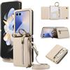 YANJIEER ESONG Cover per Samsung Galaxy Z FLIP 6/FLIP 7 FE Portafoglio Case con Cordino Cinturino e Ring,Custodia A Libro In Pelle Flip Cerniera,Caso per Donna Con Porta Carte,Magnetica,Supporto Beige