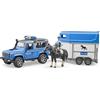 bruder 02588 - Land Rover Defender veicolo della polizia, rimorchio per cavalli, 1 cavallo, 1 poliziotto, modulo luci e suoni