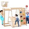 HOMASIS 6 in 1 Arrampicata per Bambini, Palestra con Scivolo Doppia Faccia, Rete, Scala, Canestro da Basket, Parete da Arrampicata e Barre da Scimmia, per Bambini da 3+ Anni (Naturale)