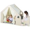 COSTWAY 6 in 1 Tenda per Bambini in Legno, Tenda Casetta da Gioco con Tavolo e Sedia, con Tappetino Lavagna e 6 Scatole Portaghiochi, Capanna per Bambini (Grigio 98 x 131 x 113 cm)