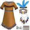 Dasongff Costume indiano per bambini, abito indiano con fascia in piuma collana girocollo tatuaggio costume indiano ragazza costume per carnevale Halloween Natale, 110-150 cm