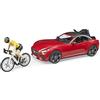 bruder 03485 - Roadster con bici da corsa, ciclista con casco, auto da corsa, auto sportiva, decappottabile, ciclista, figura giocattolo