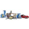 bruder 62111 - stazione di servizio bworld con pompa di benzina, stazione di ricarica per e-car, roadster, conducente, area di lavaggio, addetto alla stazione di servizio
