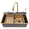 Zoobotanica Lavello da cucina multifunzionale, a cascata, rubinetto estraibile, diverse varianti di beccuccio, con detergente per tazze e dispenser per detersivo, 75 x 46 x 22 cm, colore oro