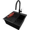 PRIMAGRAN Lavandino da Cucina Tutto Nero 48x50cm, Lavello in Granito a 1 vasca + Rubinetto 40x20cm + Set di accessori, Lavabo da Cucina Incasso al Mobile 50cm - Riga S303