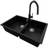 PRIMAGRAN Lavandino da Cucina Nero 78x50cm, Lavello in Granito a 2 vasche + Rubinetto 40x20cm + Set di accessori, Lavabo da Cucina Incasso al Mobile 80cm - Madrid Twin S015