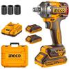 INGCO 20 V Chiave a impatto senza fili 400 NM, Motore senza spazzole, Avvitatore a impatto elettrico senza fili 2300 giri/min, con 3 bussole a impatto (17/19/21mm), 2 batterie 2,0 Ah e 1 caricatore
