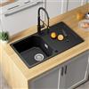ANYCEE 78x45 cm Lavello Cucina 1 Vasca in Granito, Lavello Nero 1 Vasca con Gocciolatoio per Mobile di Base di Oltre 45cm, Lavandino Cucina Nero con 80% Sabbia di Quarzo, Troppopieno e Sifone