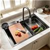 ATHOMASM Lavello da incasso in acciaio inox, 1 vasca, 85 x 50 cm, colore nero, grigio, con design a cascata, rubinetto estraibile, stazione di lavoro e scolapiatti