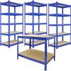 Monster Racking Scaffale da Garage ad Incastro Q-Rax Scaffali per Garage Scaffalature Officina in Acciaio e MDF Senza Bulloni Mensole per Garage - Blu - 90cm x 50cm - 3 Pezzi con Banco da lavoro da 120 cm e Martello