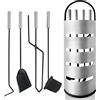 UISEBRT Set di 5 posate per camino, in acciaio inox, con supporto, scopa, pinza, gancio, paletta per cenere, posate da forno con manici in acciaio inox, colore argento