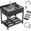 Afitdon Lavabo autoportante in acciaio inox con 2 vasche per esterni, lavello da cucina con scolapiatti e rubinetto estraibile e tubi per acqua calda fredda, lavandino a mano per cucina, giardino