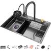 OMGMTSTORE Lavello Cucina 75x45 cm in Acciaio Inox 1 Vasca con Effetto Cascata,Lavello Multifunzionale Workstation Moderno con Rubinetto Estraibile,Tagliere,Vaschetta Scolapiatti,Dispenser Sapone e Lavabicchieri