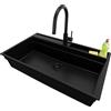 PRIMAGRAN Lavandino da Cucina Tutto Nero 88x53cm, Lavello in Granito a 1 vasca + Rubinetto 40x20cm + Set di accessori, Lavabo da Cucina Incasso al Mobile 90cm - Oslo 90 Pocket S440