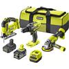 RYOBI - Trio ONE+ 18 V: trapano a percussione + seghetto alternativo + smerigliatrice angolare + 2 batterie (2,0 Ah e 4,0 Ah) + caricatore rapido - Viene fornito in 1 grande borsa per il trasporto