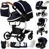MoLi Pelle PU Passeggino Trio, Passeggino 3 in 1 con Doppia Modalità Push Reversibile, Trio Passeggini Neonati con Grande Navicella, Carrozzina per Neonati in Alluminio Pieghevole (L518 Silver Blue)