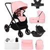 BabyVoyage passeggino 3 in 1, passeggino reversibile, Ruota rotante a 360°, Passeggino con chiusura veloce, seggiolino auto per neonati (da 40 a 85 cm)-vie 0-48 mesi Fino a 26 kg-rosa