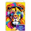 Afie 69-8162 - Carta FLUO Buon ANNIVERSARIO Pop Art multicolore con occhiali da sole, cuffie audio per smartphone, animali africani, con busta bianca, 12 x 17,5 cm, creazione di qualità francese