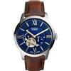 Fossil Orologio analogico da uomo automatico con cinturino in pelle ME3105, Argento/Blu, Cognac, 44 mm, Orologio scheletro