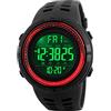 SKMEI Orologio sportivo digitale da uomo, impermeabile fino a 50 m, a LED, militare, multifunzione, cronometro, conto alla rovescia, data e allarme automatico, Nero-rosso, Cronografo, digitale,