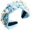 Blausky Cerchietto per capelli da donna, in tessuto con nodi, stile vintage, da donna, con perle e nodo intrecciato, per acconciature da sposa, colore azzurro