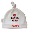 Zigozago - Cappellino Cuffia con nodo centrale in Cotone per neonato con ricamo Cuore Rosso Nero | Fatto a Mano | Personalizzabile con Nome Ricamato, Bianco, Taglia 0-6 e 6-12 Mesi