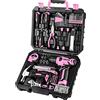 DEKOPRO Set di trapani: set di attrezzi con trapano a batteria rosa da 8 V, kit di attrezzi per la casa con trapano, kit di utensili manuali per donne, 126 pezzi