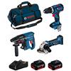 JG todotaladros BOSCH Kit 18V BK309BAG (Trapano a Percussione GSB 18V-60 C + Smerigliatrice GWS 18-125 V-LI + Martello Perforatore GBH 18V-21 + 2 Batterie di 5,0 Ah + Caricabatterie + Borsa)