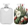 SKYSHU Borsa dell'acqua calda con cactus, 1 l, trasparente, a prova di perdite, lavabile, resistente al calore, con morbida copertura in peluche, per crampi mestruali, collo e spalle, sollievo dal
