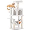Feandrea Albero per Gatti Alto 112 cm, Tiragraffi per Gatti, con 4 Pali Graffiatoi, 2 Posatoi, 1 Grotta, 1 Amaca, 2 Pompon, in Peluche a Più Livelli, Bianco Crema PCT261T01V1