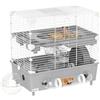 PawHut Gabbietta per Criceto a 2 Livelli e 3 Porte con Ruota Silenziosa, Lettiera e Tubi di Gioco, Gabbia per Animali in Acciaio, PS e PP, 44.5x28x44 cm, Grigio e Bianco