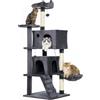 PawHut Tiragraffi per Gatti Alto 140 cm con 3 Pali Graffiatoi Grigio Scuro | Albero per Gatti Multilivello, 2 Grotte, Cuccia, Amaca, 2 Pompon, Piattaforma, Scala, Torre per Gattini, Peluche
