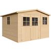 TIMBELA Casa da giardino in legno naturale A226x316x324 cm/9 m²- Magazzino esterno con finestre - Capanno da giardino - Bici, Deposito attrezzi e rimessa TIMBELA M335