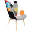 HOME DECO FACTORY, Poltrona da Soggiorno in Stile Scandinavo, Tessuto Patchwork, Piedini Inclinati in Legno di Gomma, Forme Arrotondate, Schienale Alto, Arancione, 66x99,5x72 cm