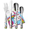 WMF Posate per bambini WMF unicorno con incisione - set di posate da 4 pezzi in acciaio inox - regalo personalizzato per battesimo, nascita o per i più piccoli