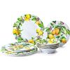 LEHAHA Set di piatti in melamina al limone - Set di piatti e ciotole da 12 pezzi per interni ed esterni per uso quotidiano, lavabili in lavastoviglie, set da cucina infrangibile, servizio per 4
