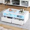 OKMYHOME Tavolino LED con 2 cassetti, bianco, 100 × 50 cm | Altezza 35 cm, contenitore aperto a doppio livello, piano in vetro temperato, MDF, per salotto moderno