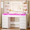 BEWISHOME Toeletta da Trucco con Specchio e Luci LED,Toeletta Trucco con Piano in Vetro Trasparente,11 Cassetti RGB,6 Scaffali,Grande Postazione Trucco con Presa di Corrente,Moderno Bianca EFST57W