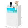 WOLTU Comodino con Stazione di Ricarica, Prese, Porte USB, Tavolino con Luci LED Regolabile, Cassettiera con Cassetti e Scomparto, 40x35x64cm, per Camera da Letto, in Legno, Bianco NTS07ws