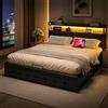 BLSYHDH Letto Idraulico 140x200 con Luce LED e USB, Letto Matrimoniale con Contenitore, Letto Imbottito con Rete a Doghe e Testiera Doppia con LED (Nero+PU, 140x200)
