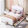 MURUL Lettino imbottito per bambini, 90 x 200 cm, luci a LED, rete a doghe e schienale, struttura singola in pelle PU con cassetti (bianco/con cassetto)