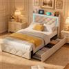 BIYFSDS Letto imbottito beige, 90 x 200 cm, letto con 2 cassetti, letto a LED con funzione di ricarica USB, schienale con vano portaoggetti, letto singolo con rete a doghe, letto per ragazzi (beige, 1,90 x