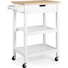 KOMFOTTEU Carrello da cucina in bambù e legno, carrello da portata su ruote, 66 x 40 x 85 cm, carrello da cucina con piano di lavoro, cassetto e 2 ripiani aperti, carrello portaoggetti (bianco)